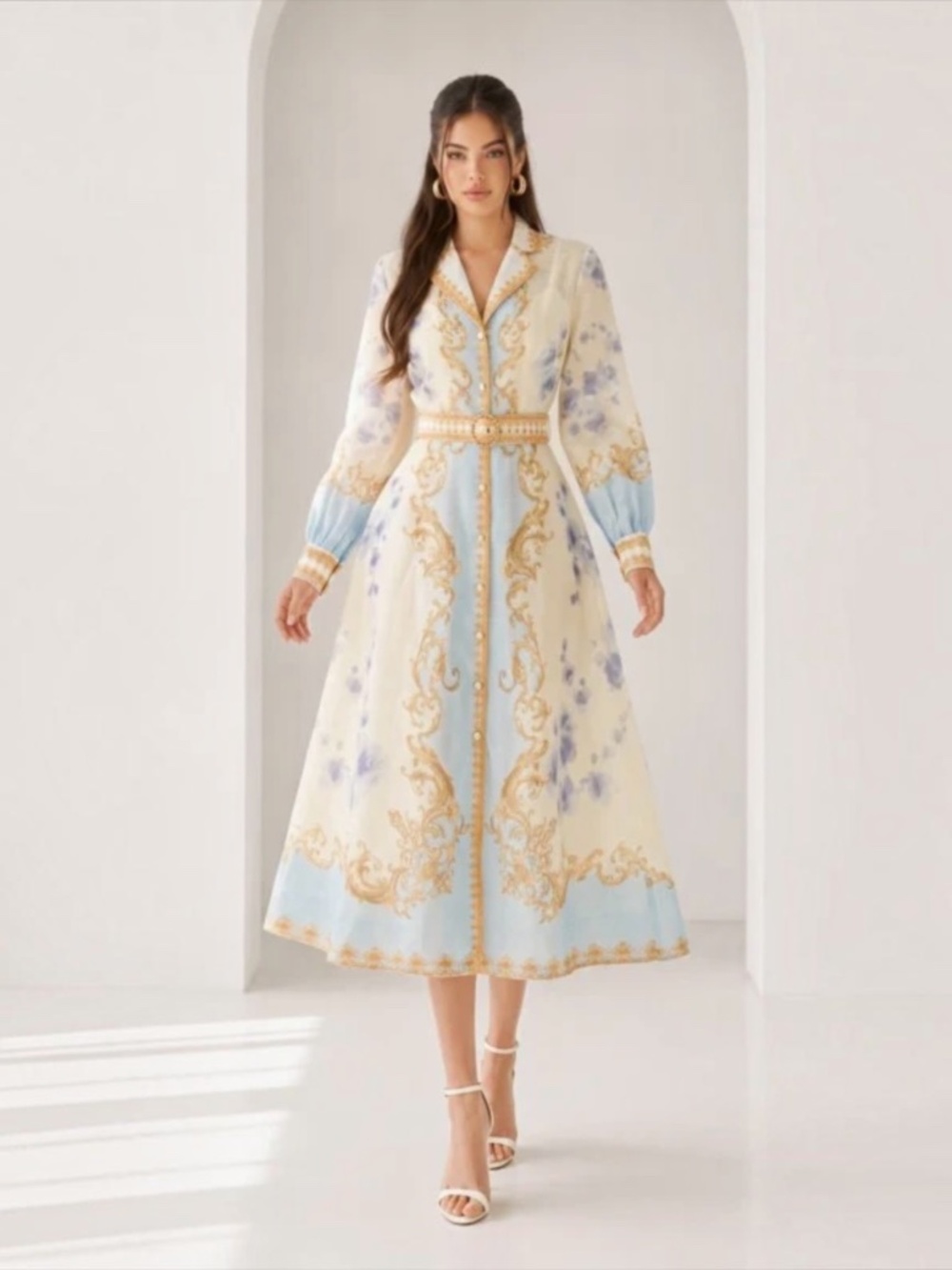 Boutique Baroque Midi Dress in Baby Blue Multi Golden Scroll Sm Med Lg
